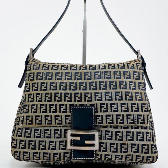 Authentic FENDI Mamma Zucca Bucket Baguette Navy Tan Flap Bag Purse Tote FF - Picture 1 of 13